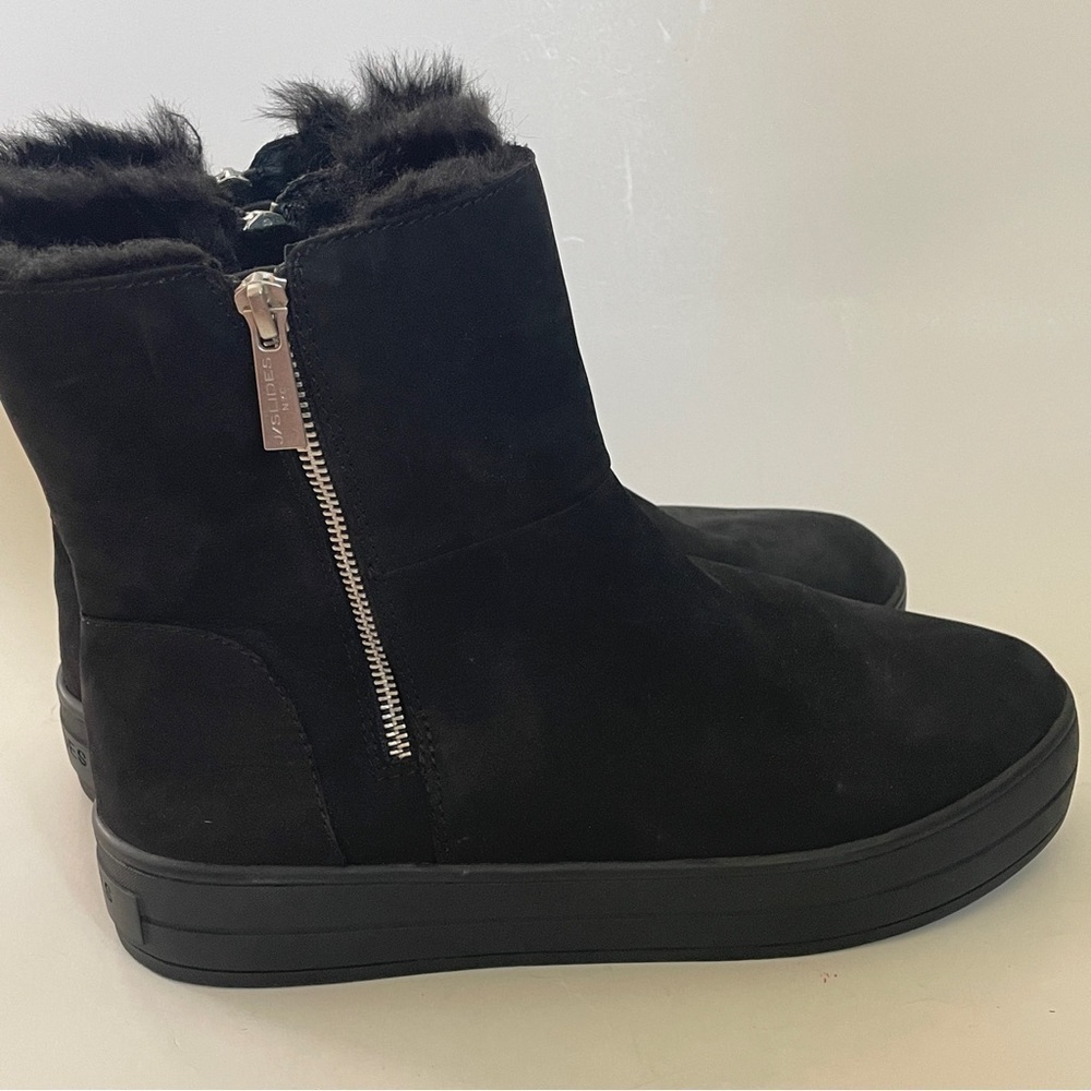 J Slides NYC Henley Winter Boots Black Leather Nubuck Faux Fur Lined Zip 10 - Picture 5 of 12